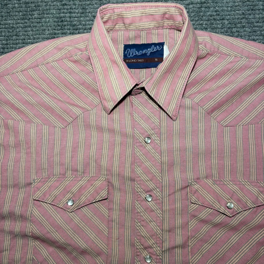 Wrangler Mens Western Pearl Snap Shirt Pink Tan Stripe X-Long Tails Size 16 L